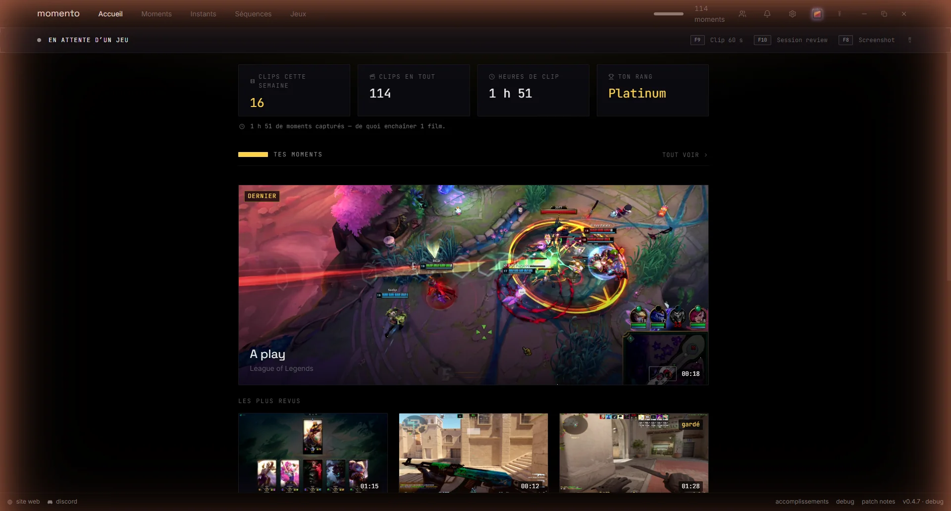 Momento home: clips this week, total hours captured, rank, and the latest play ready to relive