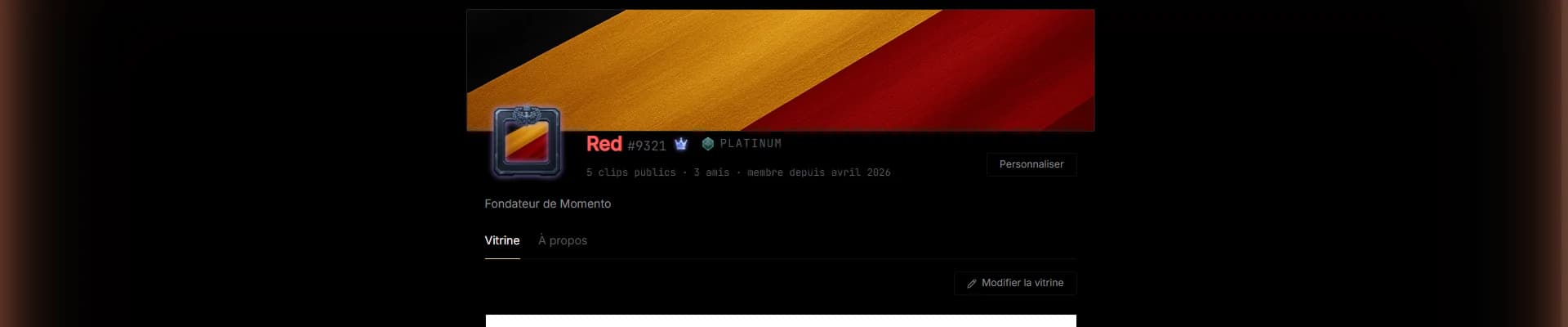 A Momento profile header: custom banner, framed avatar, rank and the Founder badge