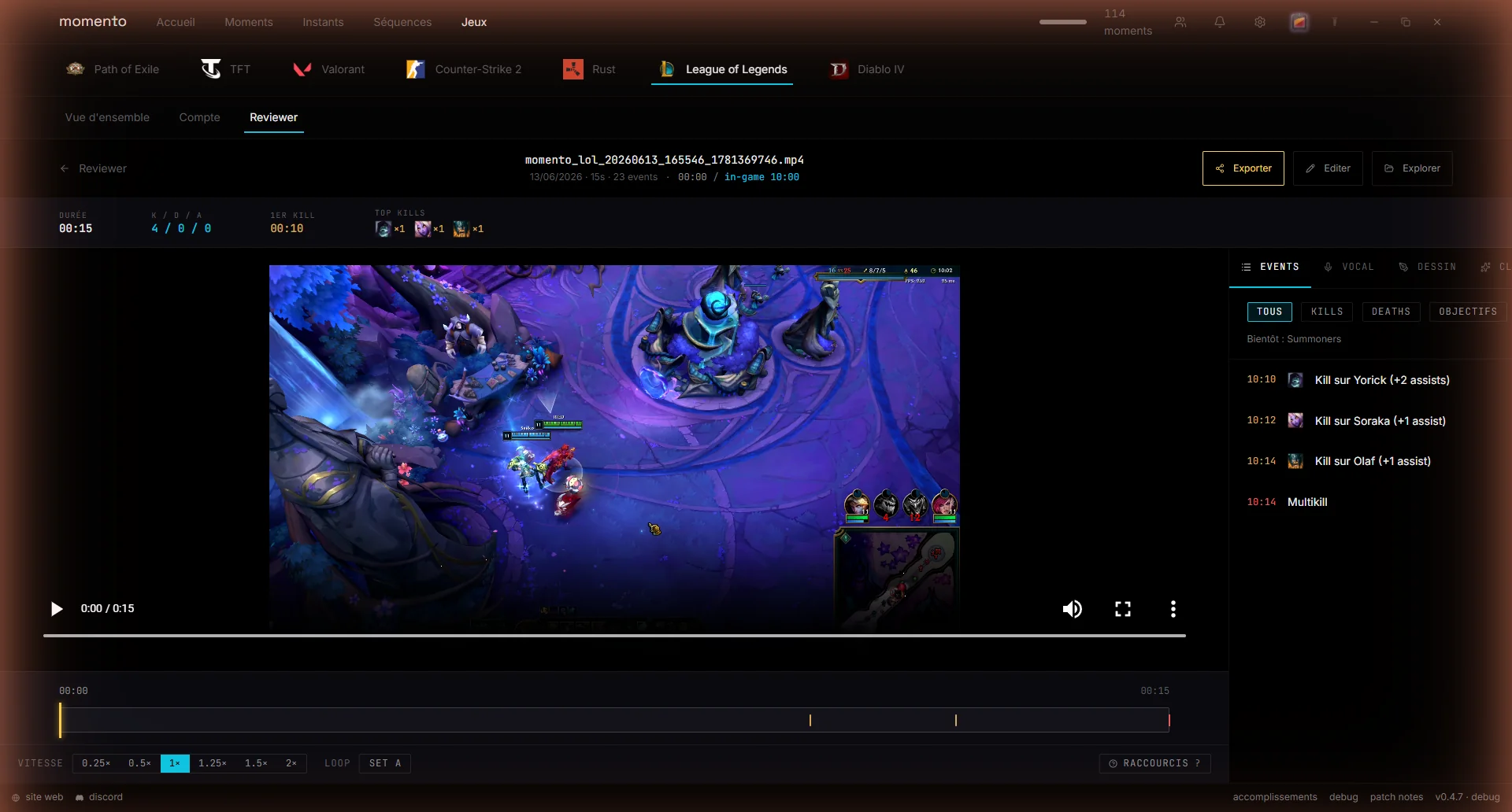 The Reviewer: a League of Legends clip with its full event timeline, every kill and objective second by second